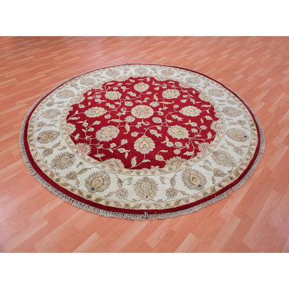 8'X8' Red Rajasthan Leaf Design Wool Silk Pile Hand Knotted Round Rug