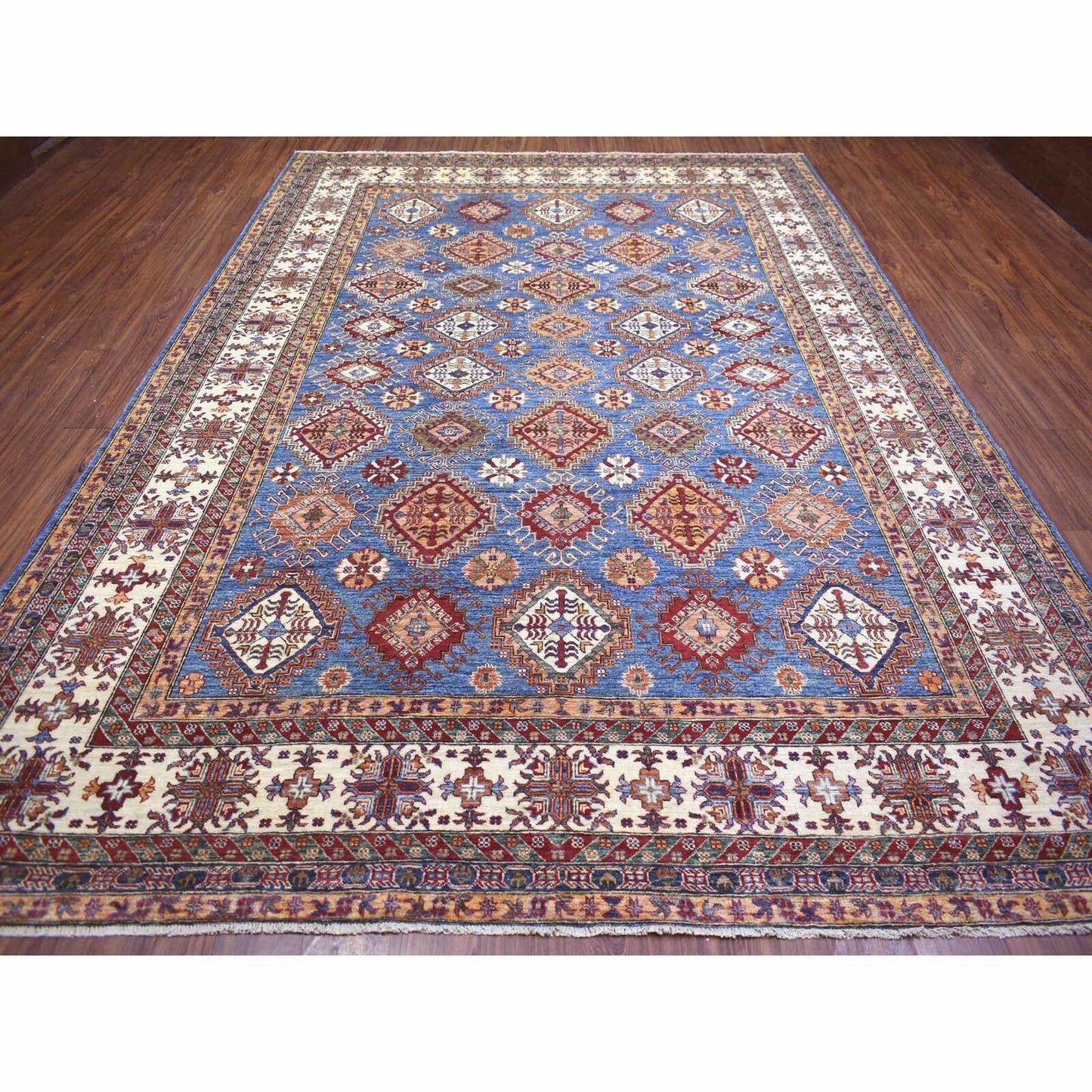 9'X12'8" Blue Caucasian Super Kazak Shiny And Soft Wool Hand Knotted Rug
