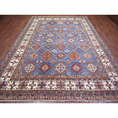 9'X12'8" Blue Caucasian Super Kazak Shiny And Soft Wool Hand Knotted Rug
