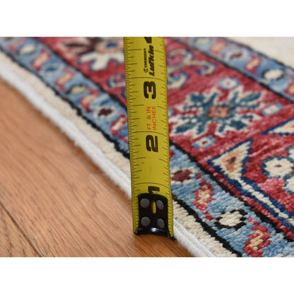 2'9"X8'7" Bone White Afghan Super Kazak Hand Knotted Pure Wool Runner Rug