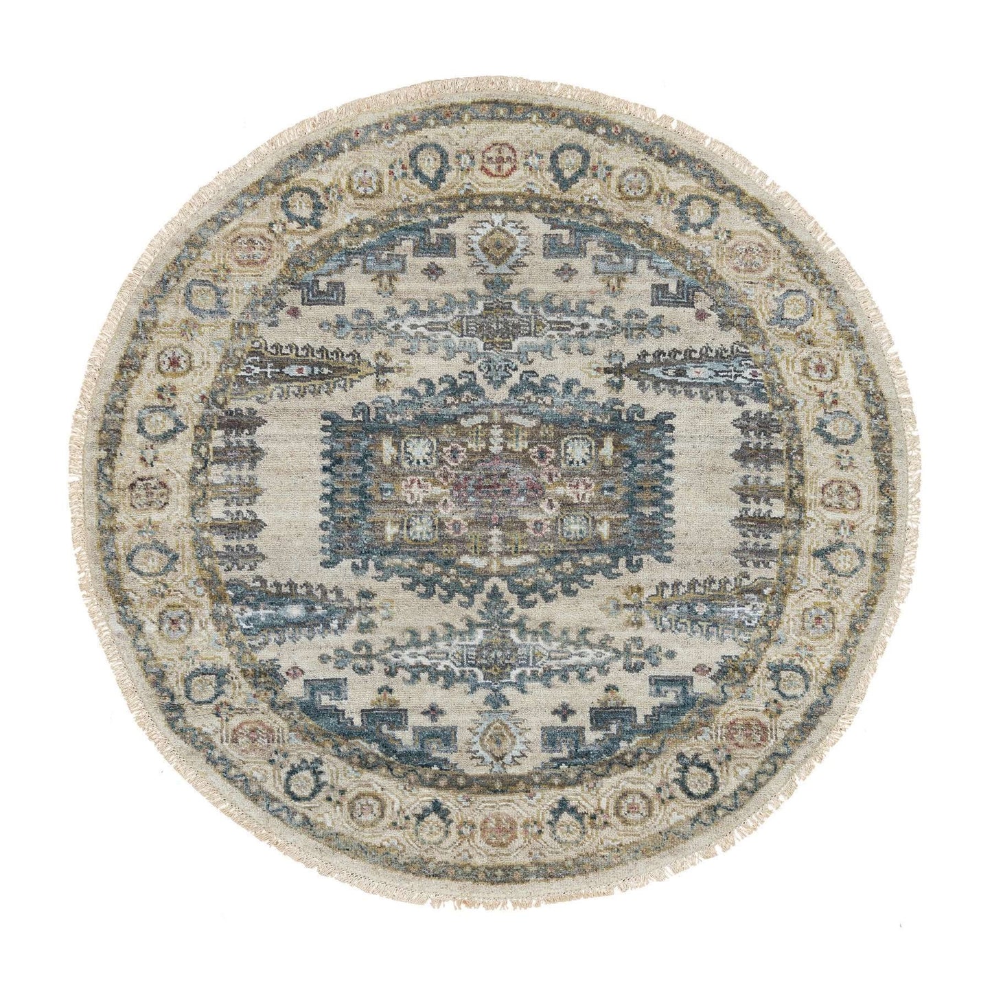 5'X5' Old Lace Ivory Hand Knotted Reimagined Viss Wool Round Oriental Rug