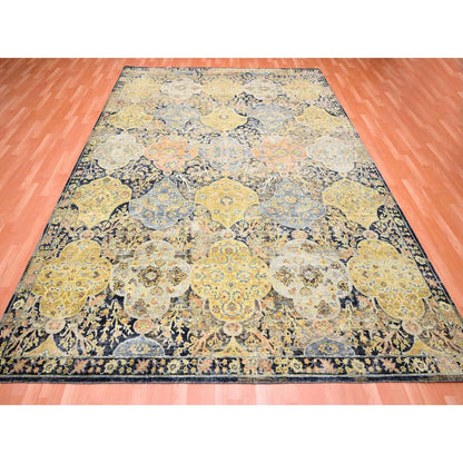 9'1"X11'9" Yellow Repetitive Emblem Design Hand Knotted Wool Oriental Rug