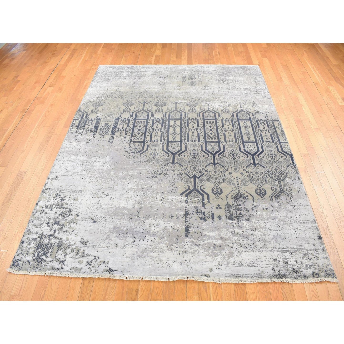 8'X9'10" Gray Broken And Erased Design Wool And Silk Hand Knotted Rug