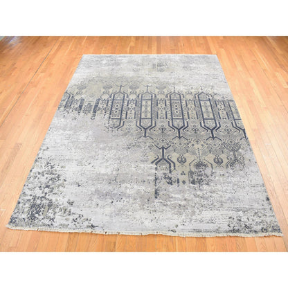 8'X9'10" Gray Broken And Erased Design Wool And Silk Hand Knotted Rug