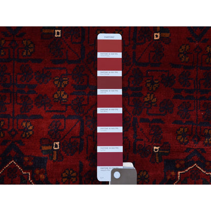 3'10"X5'9" Saturated Red Afghan Khamyab Hand Knotted Natural Wool Rug