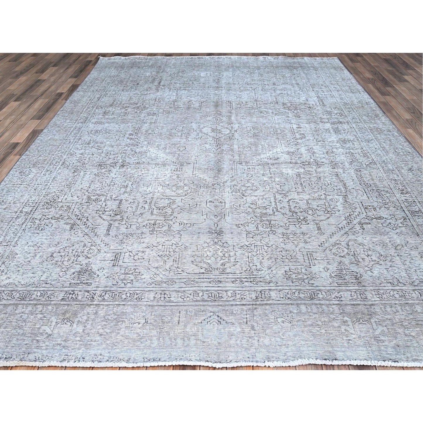 8'10"X12'4" Frost Gray Wool Sheared Low Vintage Hand Knotted Tebraz Rug