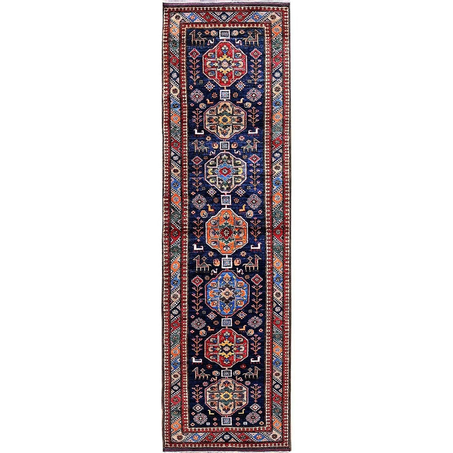 2'8"X9'6" Navy Blue Caucasian Design Revival Hand Knotted Wool Runner Rug