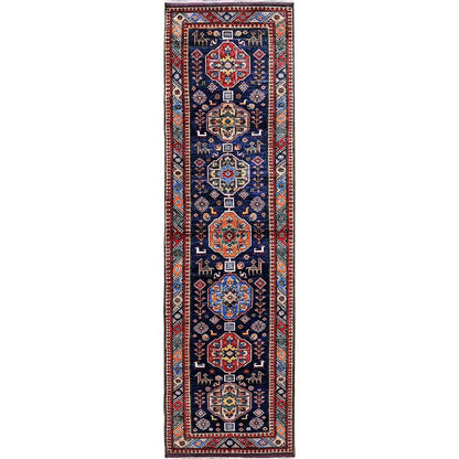 2'8"X9'6" Navy Blue Caucasian Design Revival Hand Knotted Wool Runner Rug