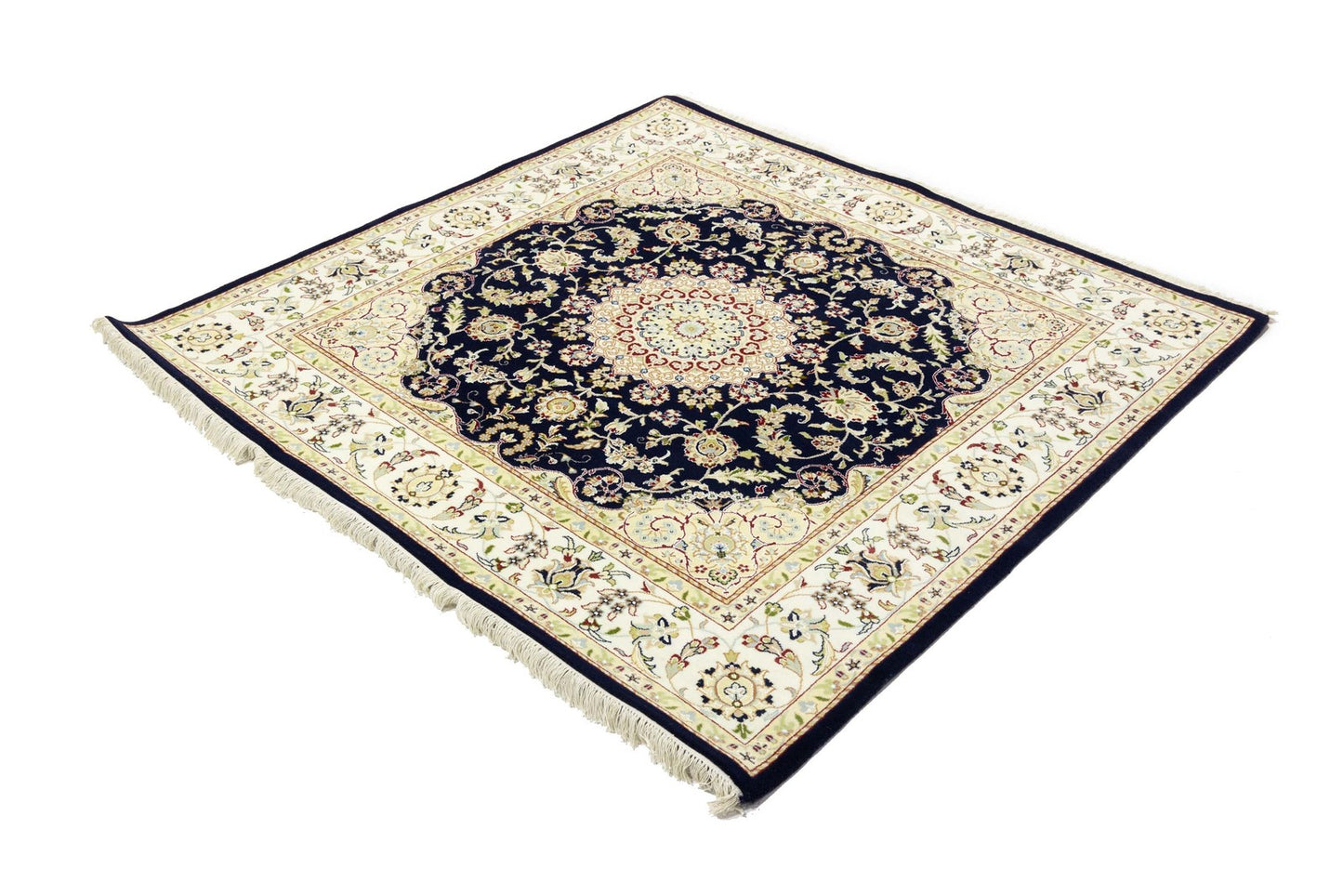 Handmade Navy Floral Classic Indo-Nain Square Rug Oriental Carpet 6x6ft