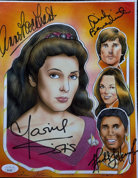 Anne Lockhart Dirk Benedict Marina Sirtis & Herb Jefferson Jr Signed Print (Jsa)