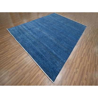 9'X12' Imperial Blue Modern Grass Design Hand Knotted Wool And Silk Rug