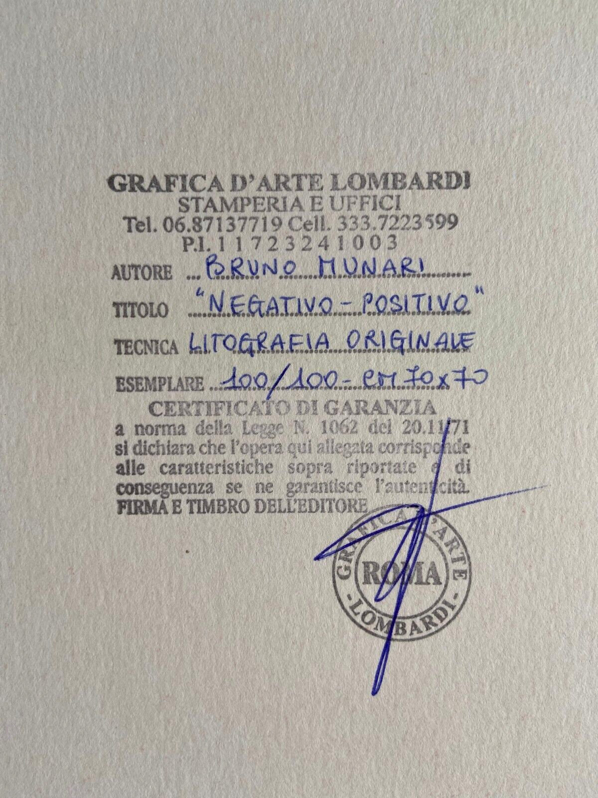 Bruno Munari "Negativo-Positivo" Lithograph 1993 70 X 70 Cm