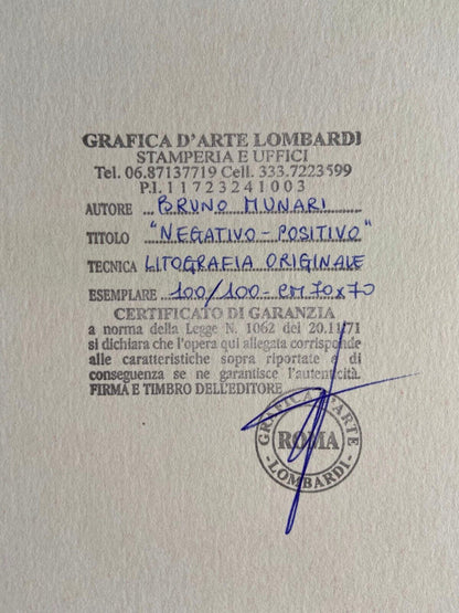 Bruno Munari "Negativo-Positivo" Lithograph 1993 70 X 70 Cm