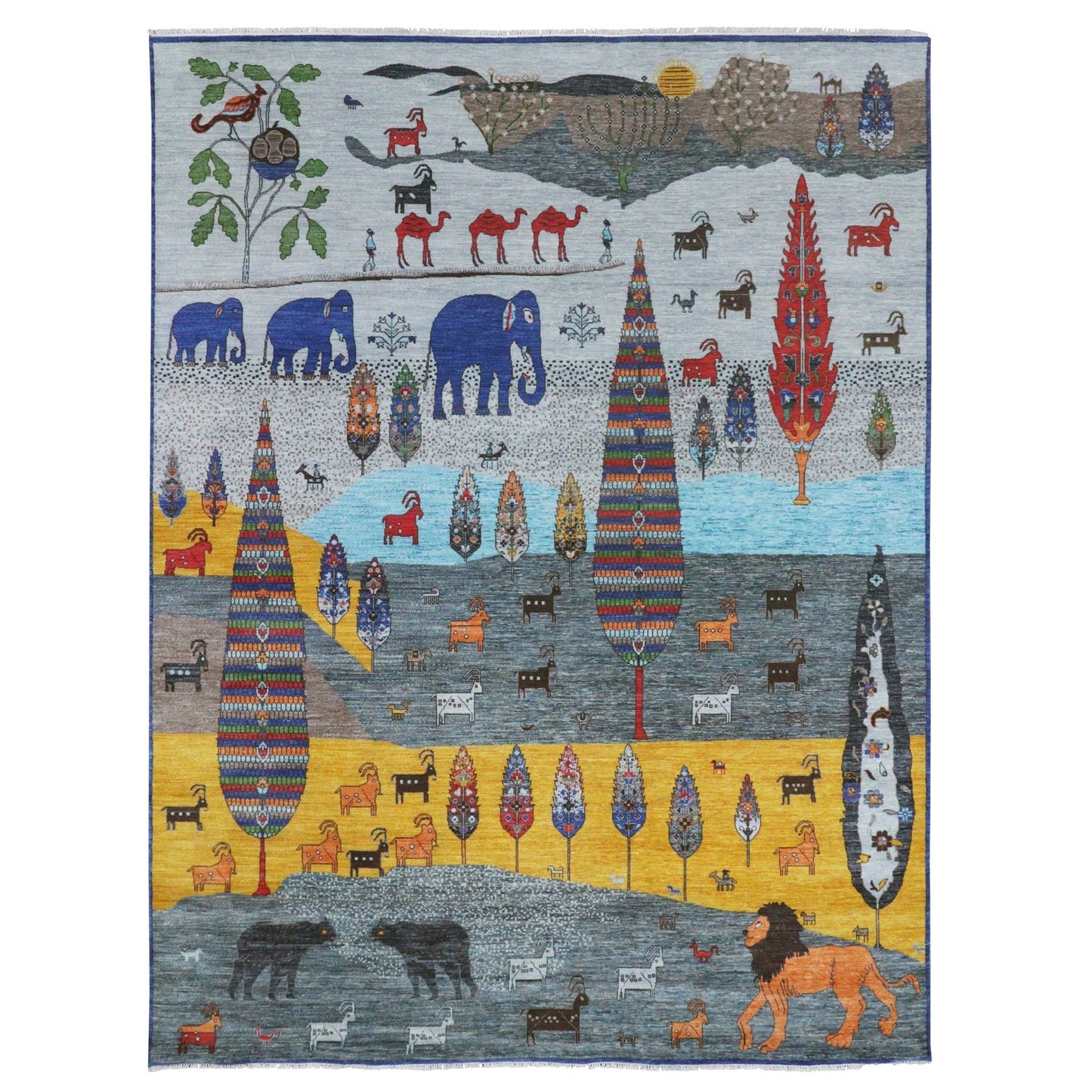 9'X12' Gray Pictorial With Tree And Animals Design Hand Knotted Wool Rug