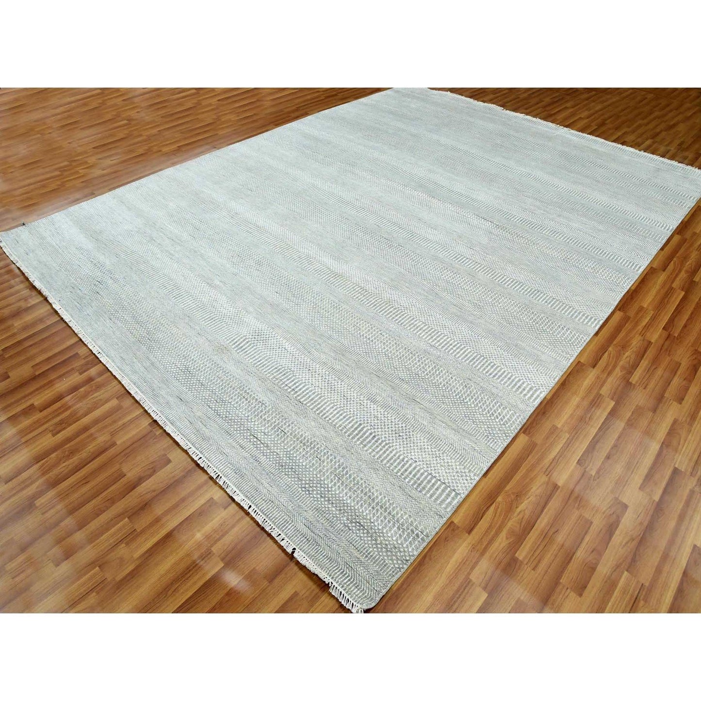 9'X12'1" Battleship Gray Wool And Silk Hand Knotted Grass Design Rug
