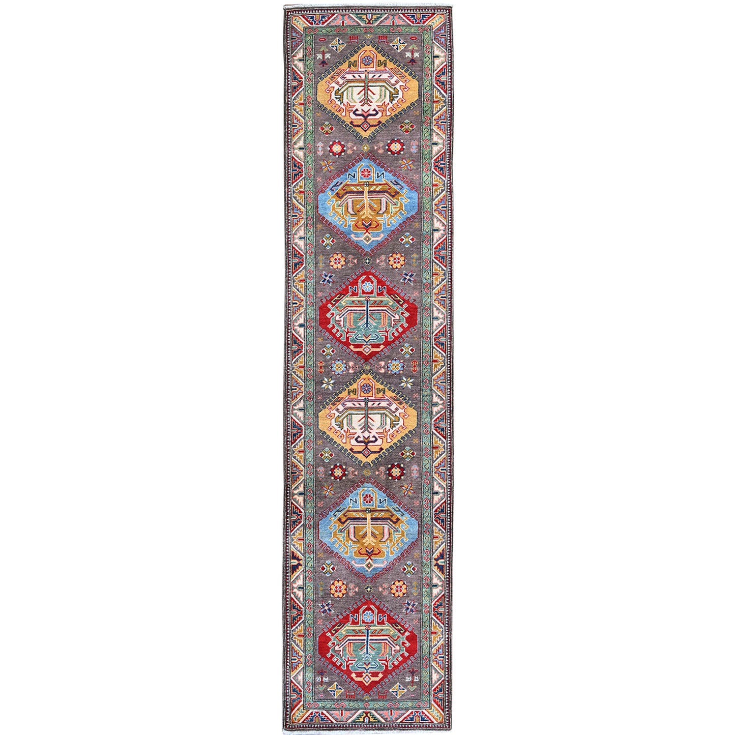 2'8"X12' Gray Kazak Medallions Design Hand Knotted Soft Wool Runner Rug