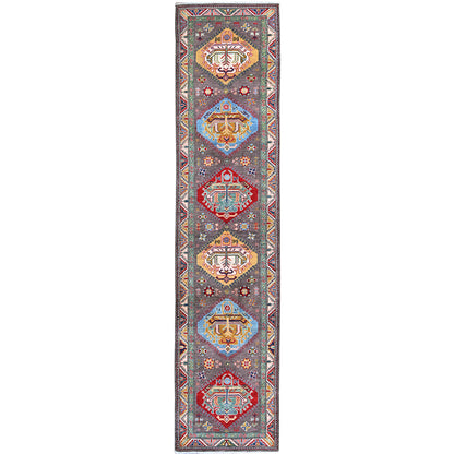 2'8"X12' Gray Kazak Medallions Design Hand Knotted Soft Wool Runner Rug