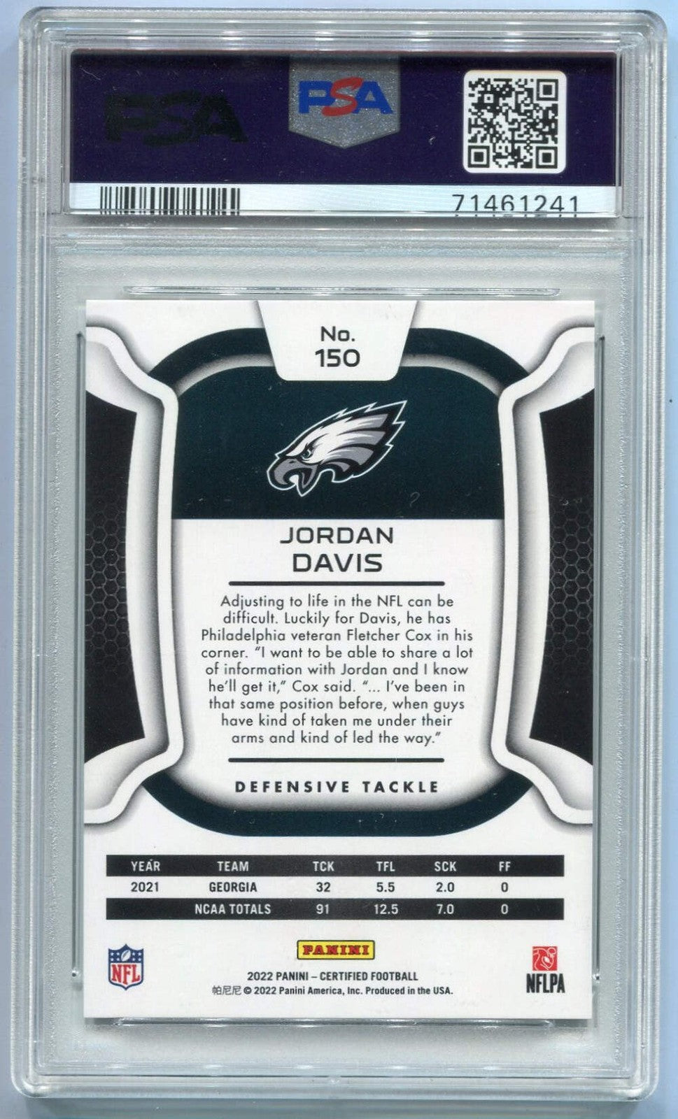 Jordan Davis 2022 Panini Certified Rc #150 276/399 Psa Graded 10