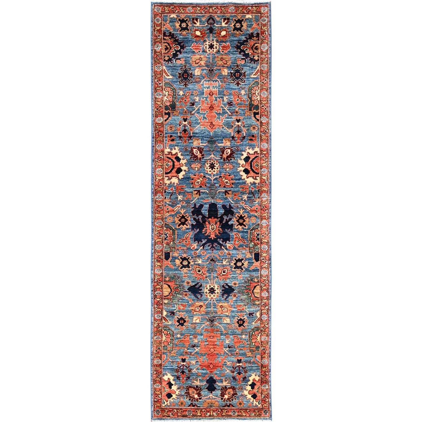 2'7"X9'9" Blue Heris All Over Design Soft Wool Hand Knotted Runner Rug