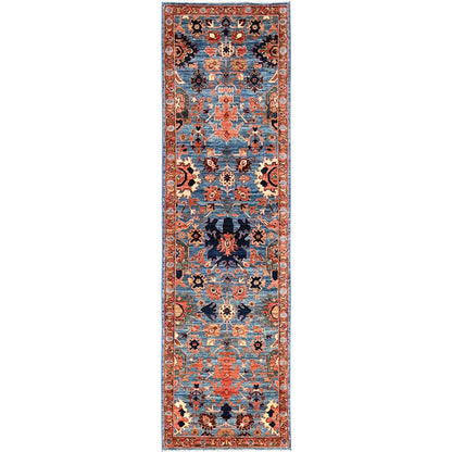 2'7"X9'9" Blue Heris All Over Design Soft Wool Hand Knotted Runner Rug