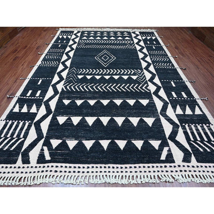 9'4"X12'10" Black Hand Knotted Moroccan Weave Ethnic Design Soft Wool Rug