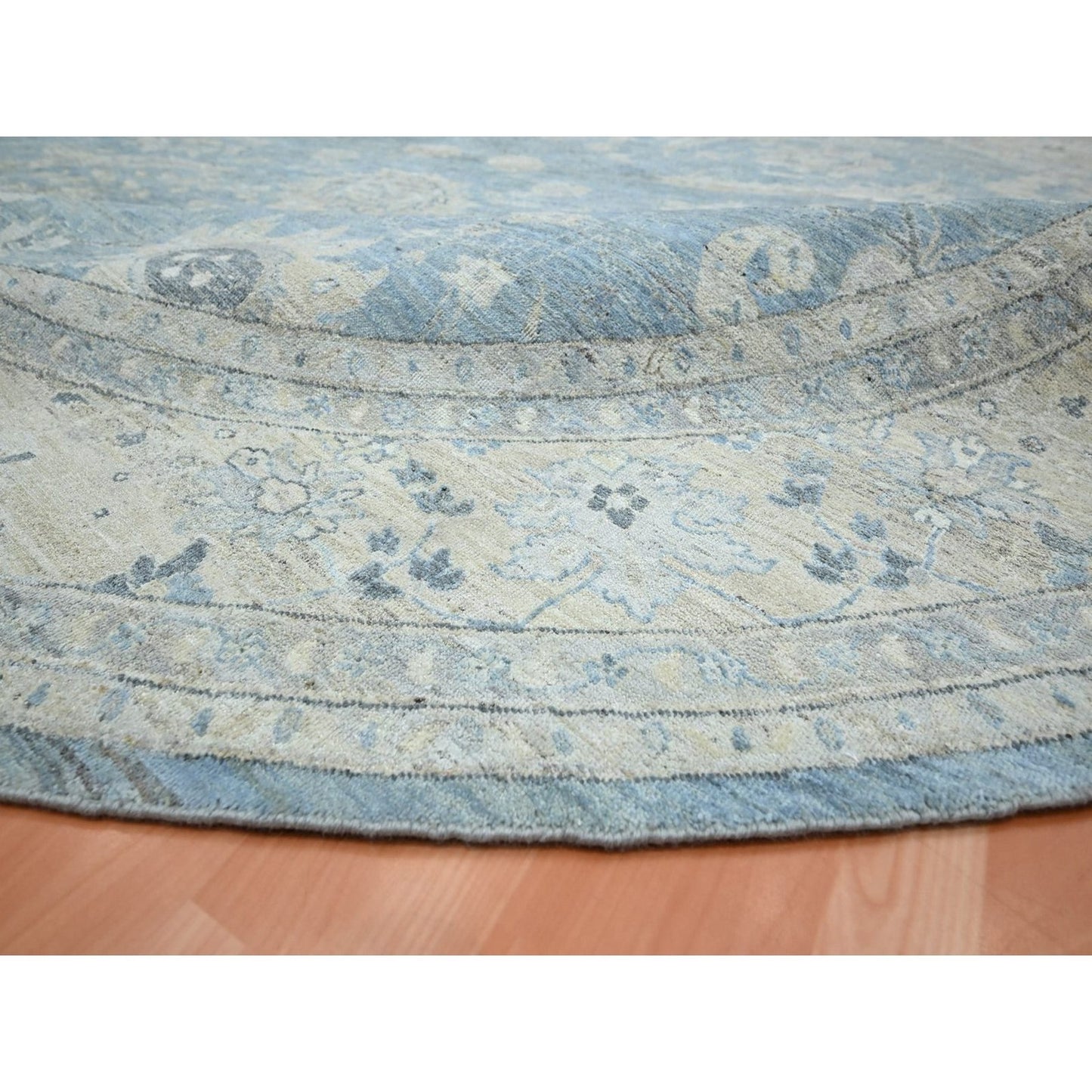 Blue Sickle Leaf Design Hand Knotted Wool Round Rug