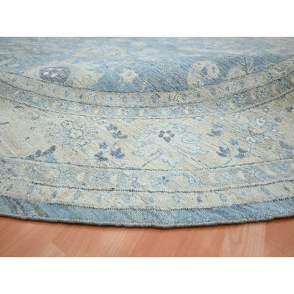 Blue Sickle Leaf Design Hand Knotted Wool Round Rug