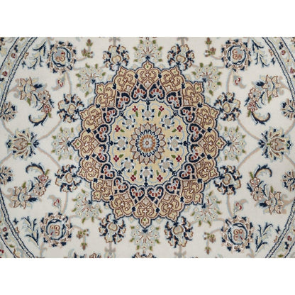 5'X5' Ivory Nain With Flower Design Hand Knotted Wool And Silk Round Rug