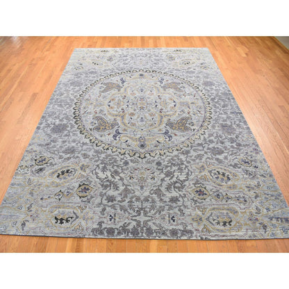 9'X12' Silver Gray The Maharaja Design Silk With Wool Hand Knotted Rug