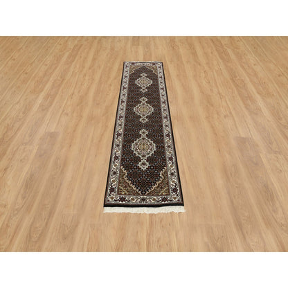 2'X8'1" Black Tebraz Mahi 175 Kpsi Pure Wool Hand Knotted Runner Rug