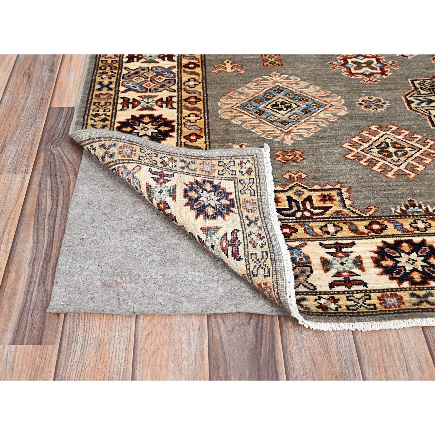 4'10"X6'6" Gray Hand Knotted Super Kazak All Over Medallions Wool Rug