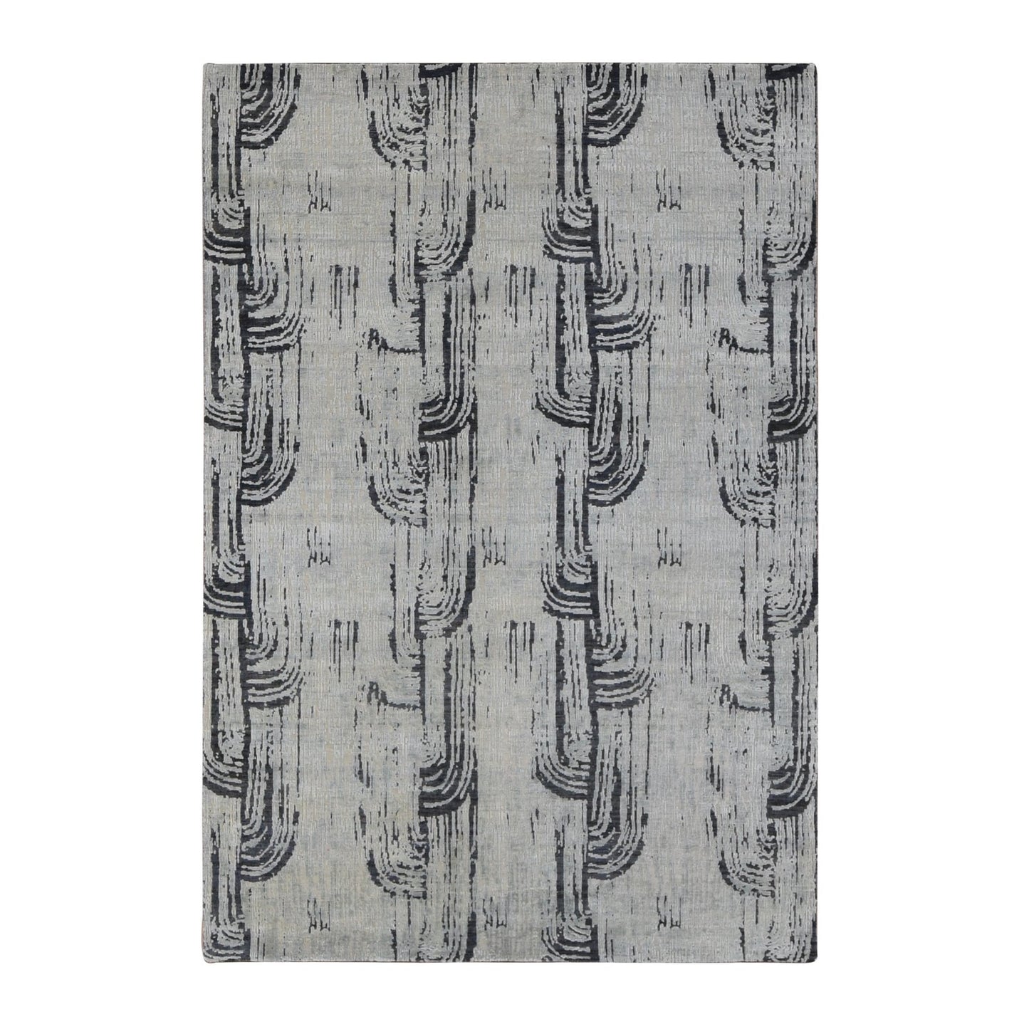 6'X9' Cloud Gray The Cane Pure Silk With Textured Wool Hand Knotted Rug