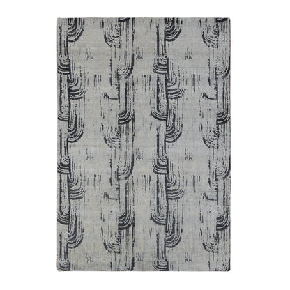 6'X9' Cloud Gray The Cane Pure Silk With Textured Wool Hand Knotted Rug