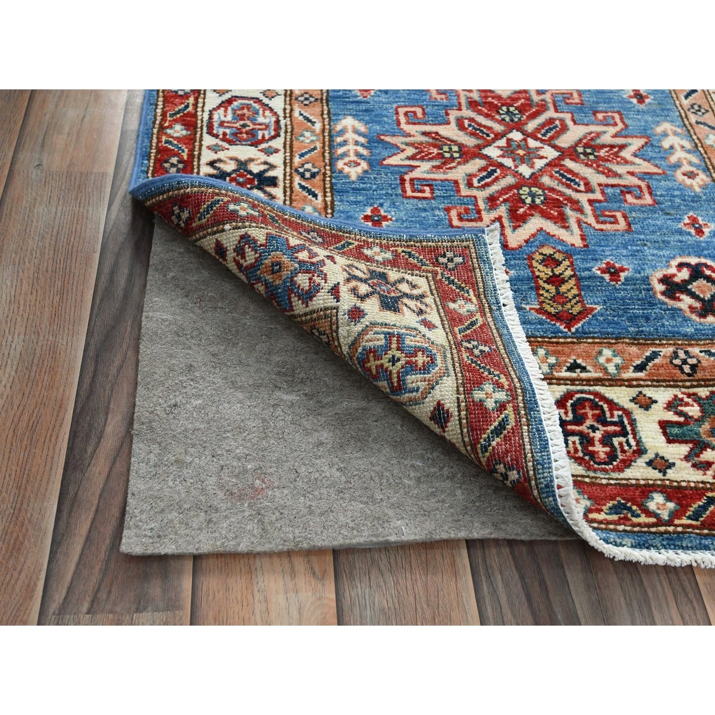 Blue wool afghan super kazak rug hand knotted blue soft 2'6"x33'6" runner.