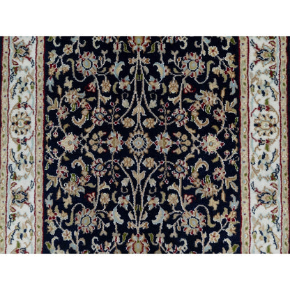 2'7"X8'1" Midnight Blue Wool And Silk Nain Hand Knotted Runner Rug
