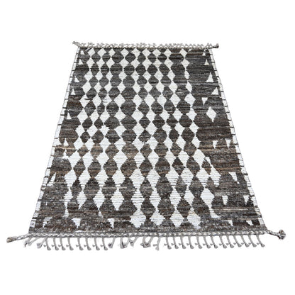 4'1"X5'6" Brown Moroccan Weave Geometric Pattern Wool Hand Knotted Rug