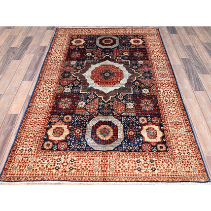3'10"X6'3" Blue Hand Knotted Mamluk Design Pure Wool Oriental Rug