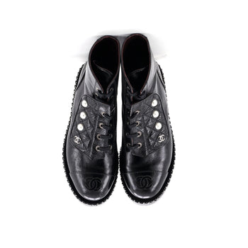 Chanel Women'S Cap Toe Cc Chain Around Pearl Combat Boots Leather