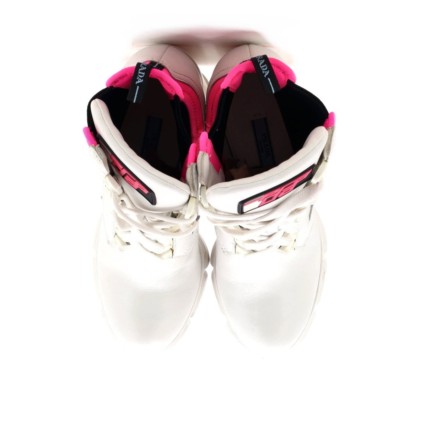 Prada Women'S Heeled Lug Sole Combat Boots Leather And Neoprene