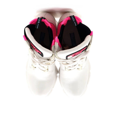 Prada Women'S Heeled Lug Sole Combat Boots Leather And Neoprene