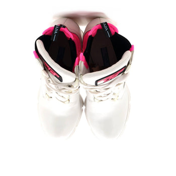 Prada Women'S Heeled Lug Sole Combat Boots Leather And Neoprene