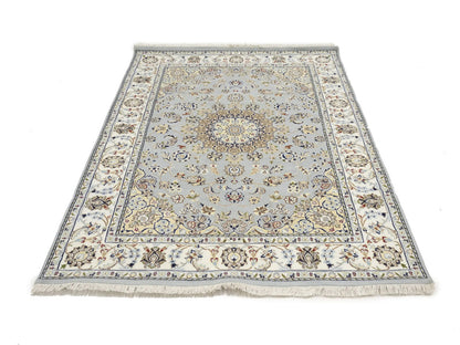 Oriental Silk Wool Floral 5X7 Gray Blue Nain Medallion Indo Blue