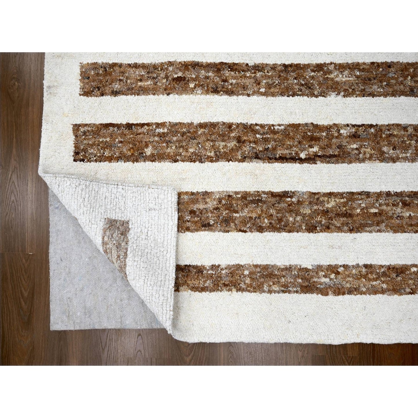 12'1"X17'9" Brown Wool Minimalist Stripe Design Hand Knotted Oriental Rug