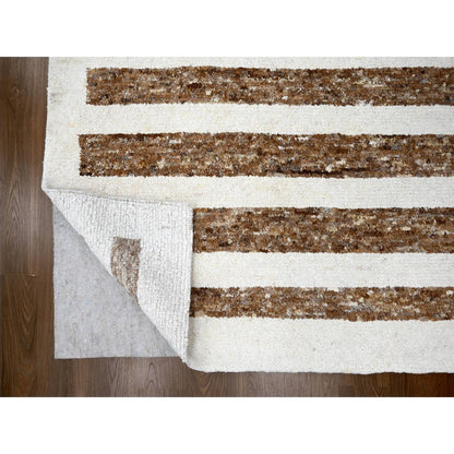 12'1"X17'9" Brown Wool Minimalist Stripe Design Hand Knotted Oriental Rug