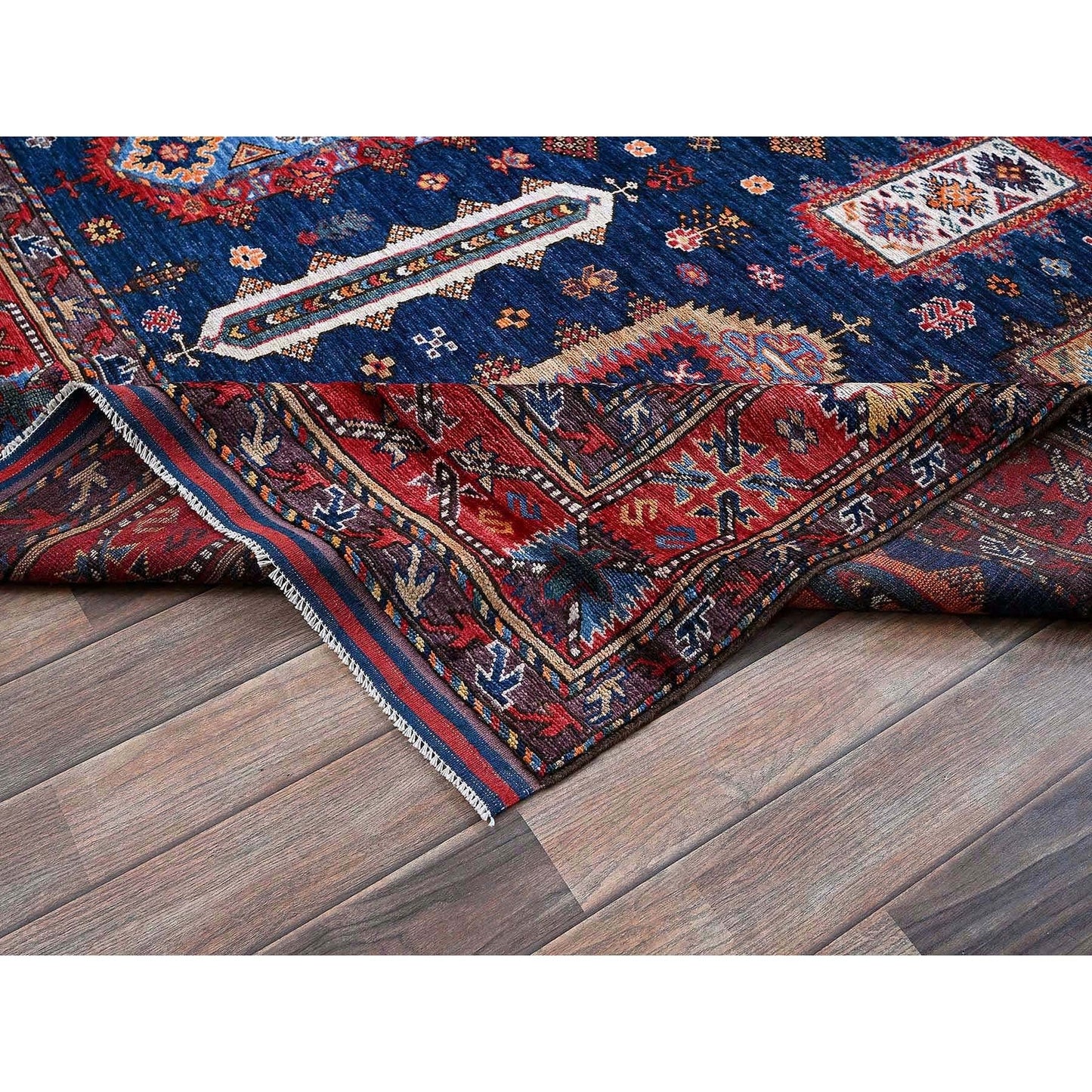 6'4"X8'9" Blue Afghan Ersari Caucasian Design Revival Wool Hand Knotted Rug