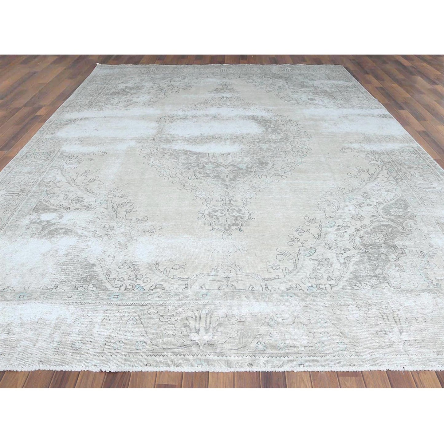 9'8"X12'6" Wool Farsian Tebraz Vintage Clean Worn Ivory Hand Knotted Rug