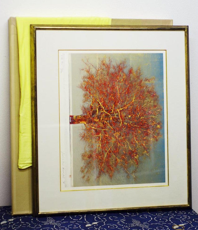 Joichi Hoshi Large Tree (Red) Woodblock print 1976 Edition signed ED99