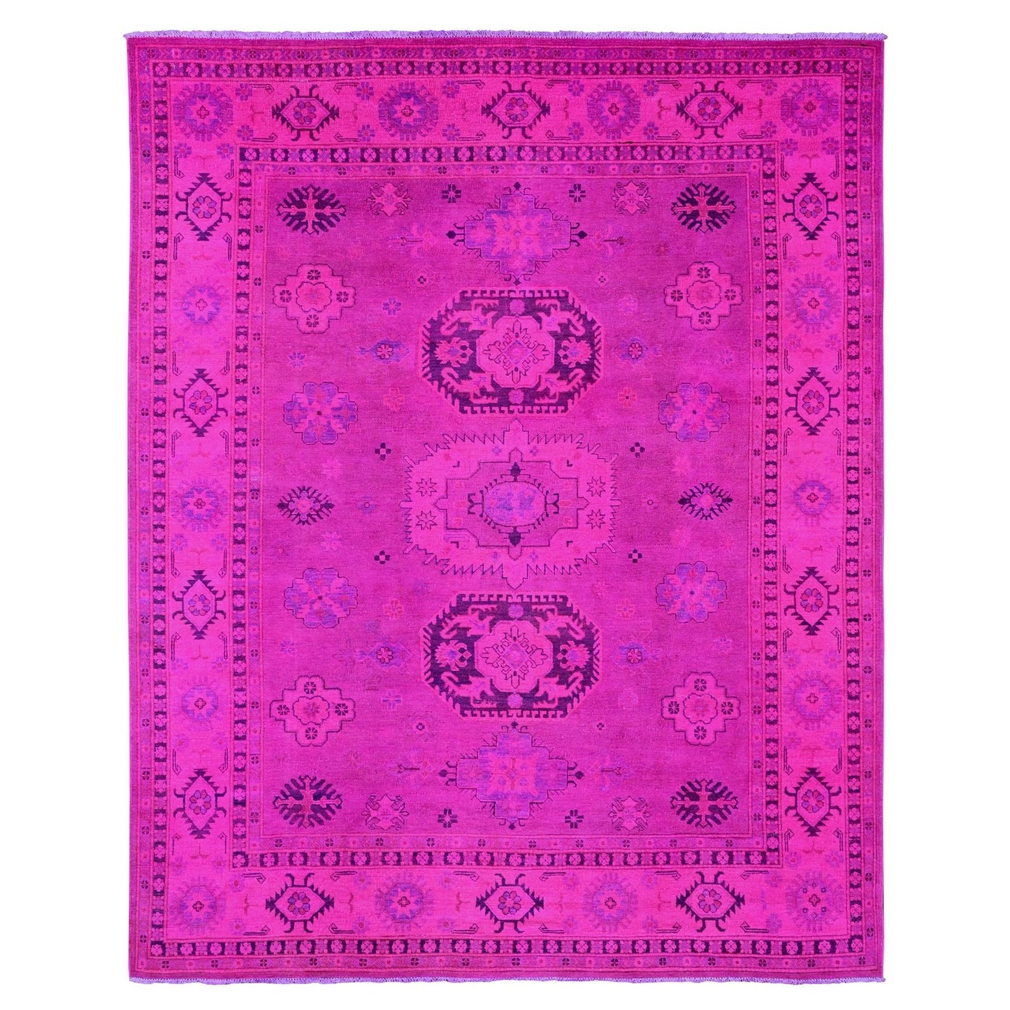 8'X10' Hot Pink Overdyed Kazak Medallions Design Hand Knotted Wool Rug