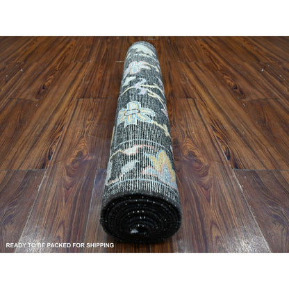 3'1"X11'6" Raisin Black Hand Knotted Angora Oushak Runner Oriental Rug