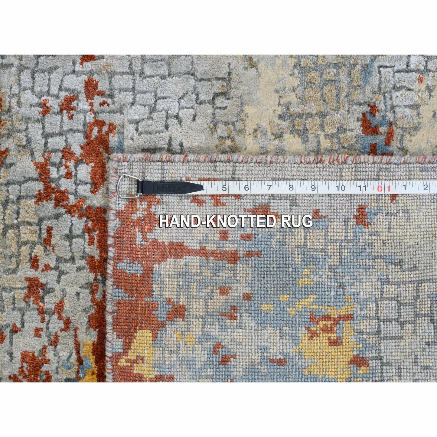 2'6"X5'10" Wool And Silk Abstract Fire Mosaic Design Hand Knotted Rug